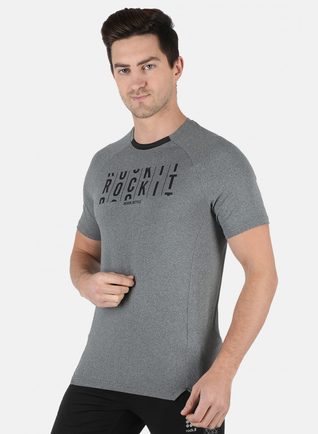 Men Grey Self Design Round Neck T-Shirt