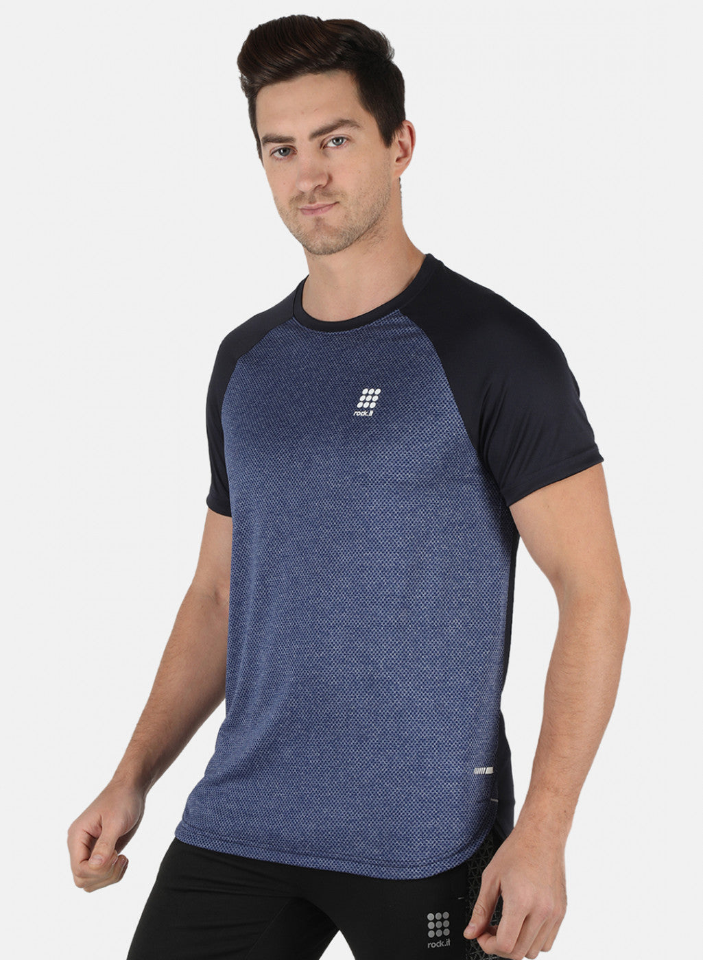 Men Blue Self Design Round Neck T-Shirt