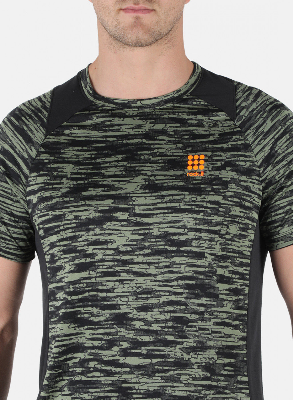 Rock.it Men Olive Self Design Round Neck T-Shirt