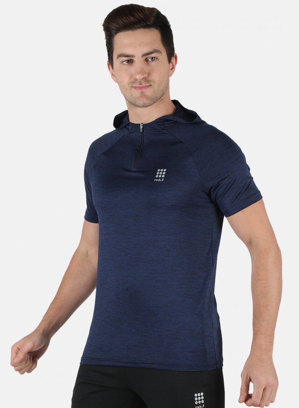Men NAvy Blue Self Design Hooded T-Shirt
